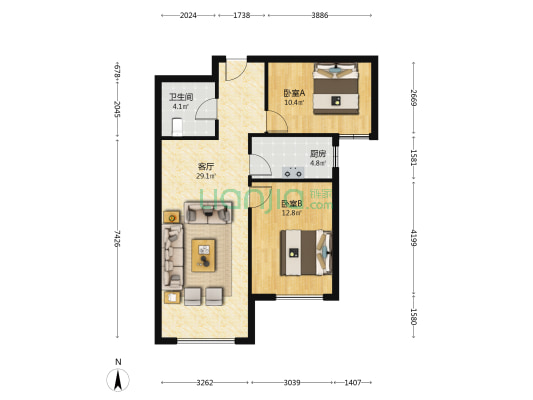 狮子城南区精装两居 全屋品牌家具家电 高楼层视野好-户型图