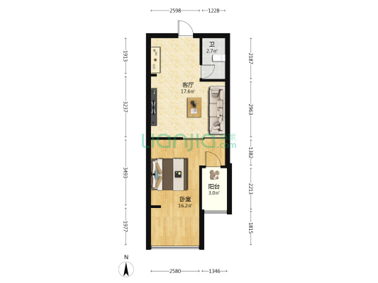 锦地翰城二期B区 1室1厅1卫 55平方