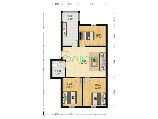 省医院大白楼 3室1厅1卫 98平方