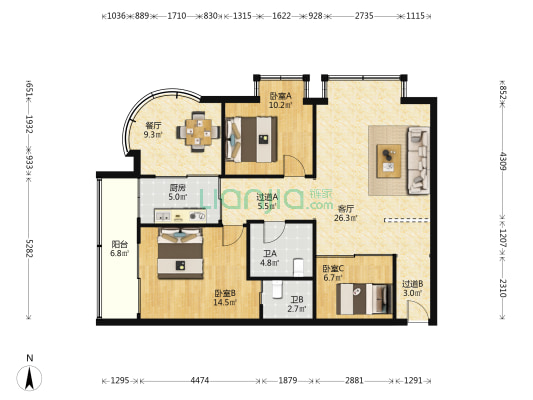 庭芳苑 3室2厅2卫 108平方