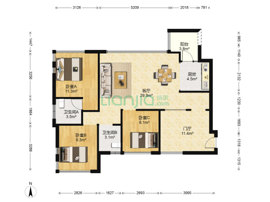 优品道珑苑 3室1厅2卫 90平方