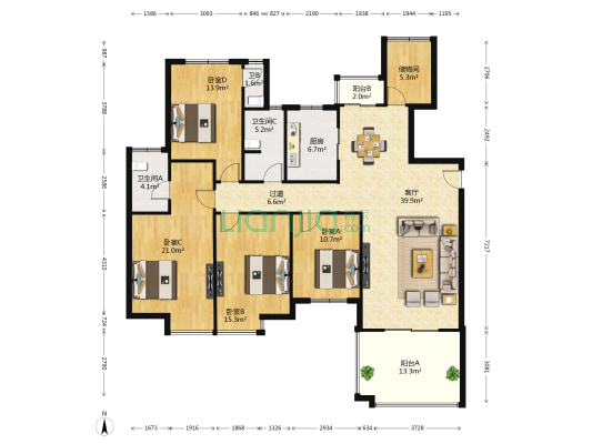 红谷春天花园 4室1厅3卫 186平方