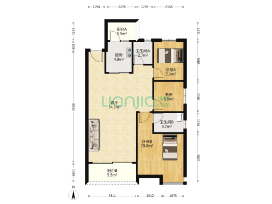 朗悦名居 3室1厅2卫 96平方
