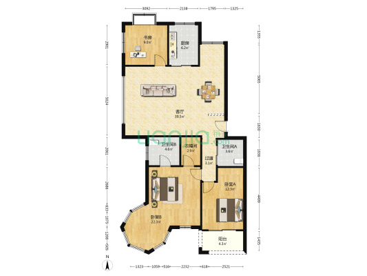 侨锦公寓 3室1厅2卫 127平方