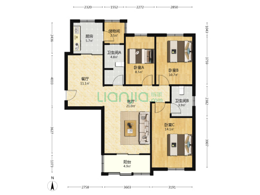 新海家园东区 3室2厅2卫 117平方