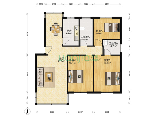 锦沧花园 3室1厅2卫 119平方