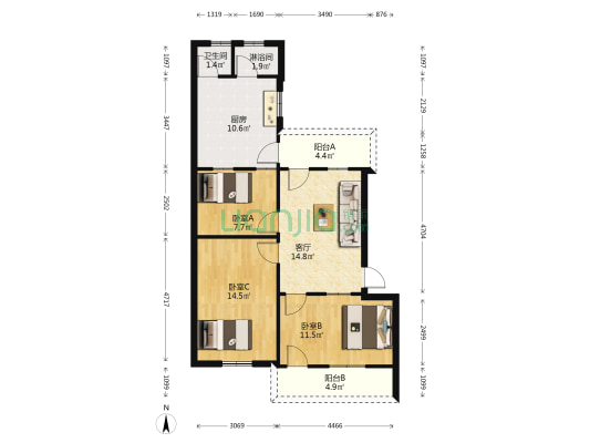 省金属材料公司宿舍 3室1厅2卫 84平方