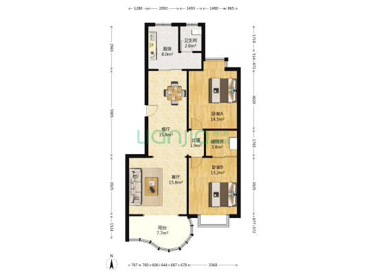 都江新苑 2室2厅1卫 108平方