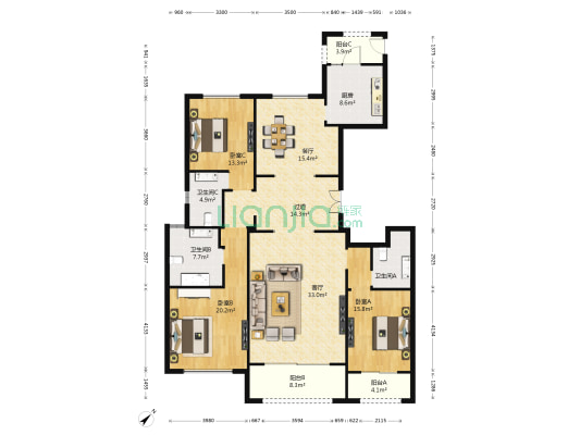 中海御道 3室2厅3卫 184平方