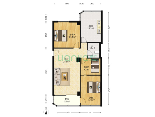 置业商场宿舍 3室1厅1卫 110平方