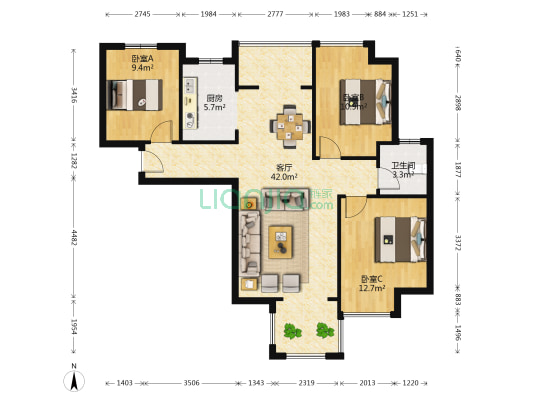 银郡花园 3室1厅1卫 100平方