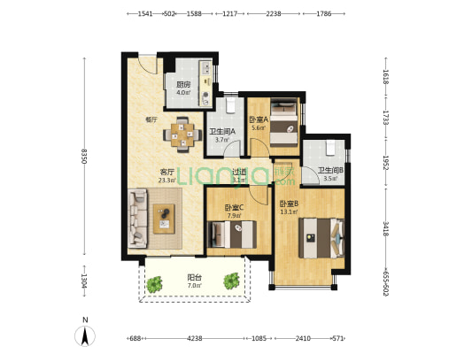 龙光玖誉城澜城 3室1厅2卫 89平方