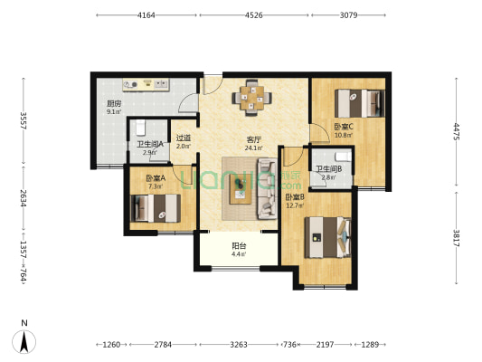联发龙洲湾一号C区 3室1厅2卫 86平方