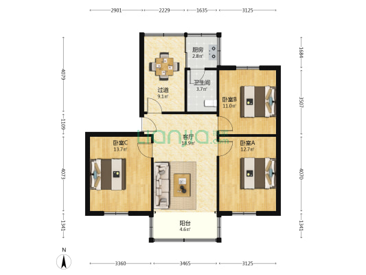 光明小区 3室1厅1卫 87平方