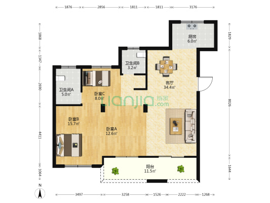 崧城一品花园 3室1厅2卫 109平方