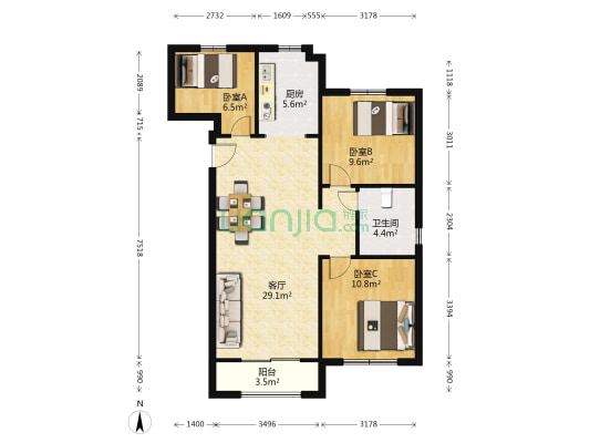 青特小镇A区 3室1厅1卫 96平方
