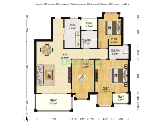 水岸风景 3室1厅2卫 134平方