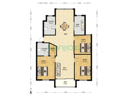 康居园 3室1厅2卫 132平方