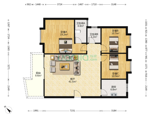 美景花园 3室1厅2卫 125平方