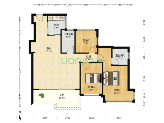 松湖润府 3室1厅2卫 107平方