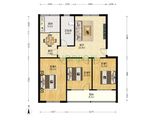 法院老宿舍 3室2厅1卫 105平方
