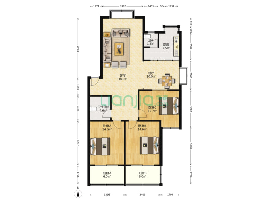 老干局宿舍 3室2厅2卫 132平方