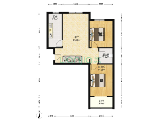 水岸花城，精装两居，南北通透。-户型图