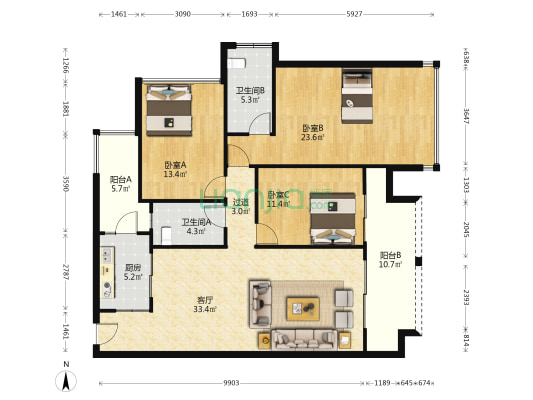 上品轩 3室1厅2卫 132平方