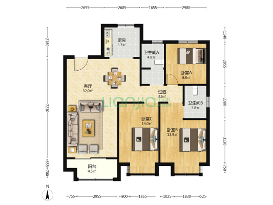 锦绣云居 3室1厅2卫 125平方