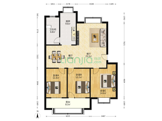 教体局宿舍 3室2厅1卫 119平方