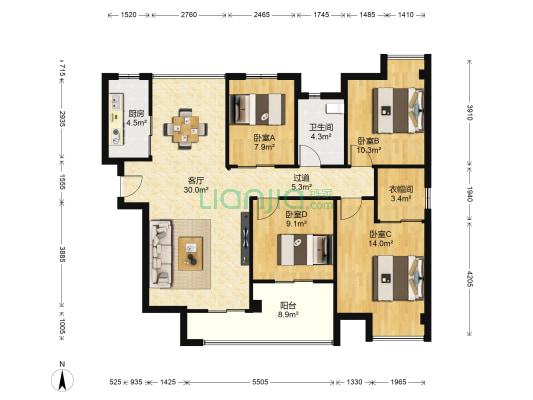 汉北广场 4室1厅1卫 122平方