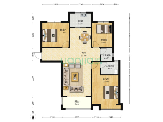 陶然新城 3室1厅2卫 124平方