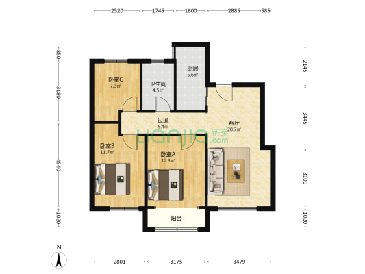 朝阳领御 3室1厅1卫 109平方