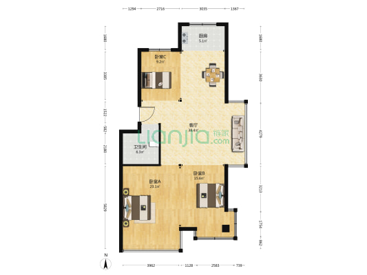 星海名苑 3室1厅1卫 114平方