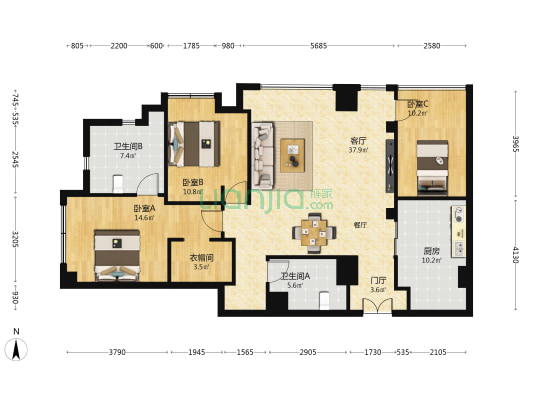 铭德国际广场 3室1厅2卫 165平方