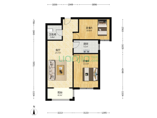 70年产权，精装两居，楼层好，采光很充足-户型图