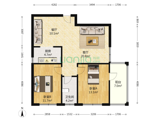 东方丽景 2室2厅1卫 96平方