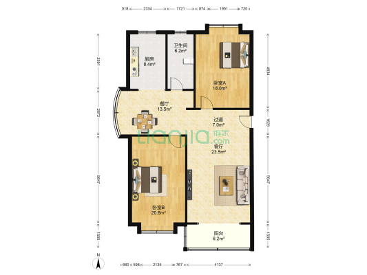 世纪花园冬韵园 2室2厅1卫 135平方