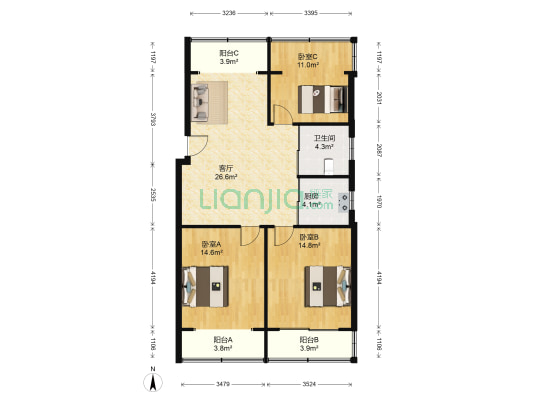 厅后街 3室1厅1卫 107平方