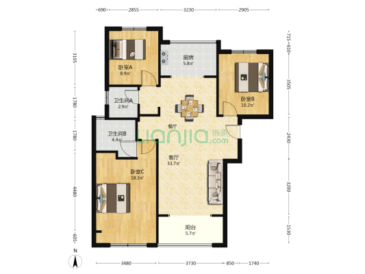 腾飞华豫樽 3室1厅2卫 120平方