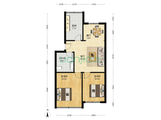 福乐花苑 2室2厅1卫 92平方