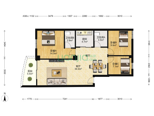 天地花园 3室1厅2卫 104平方