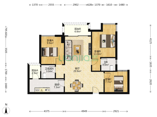 江津金科集美东方 3室1厅2卫 97平方