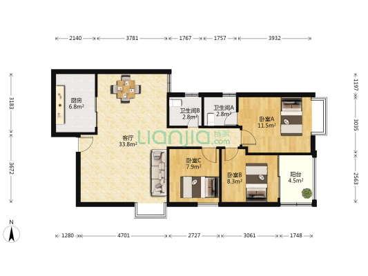 新新家园 3室1厅2卫 95平方