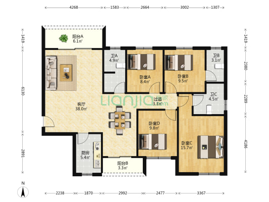 华风文殊阁  4室1厅3卫 142平方