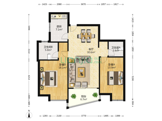 同济蓬莱家园 2室1厅2卫 109平方
