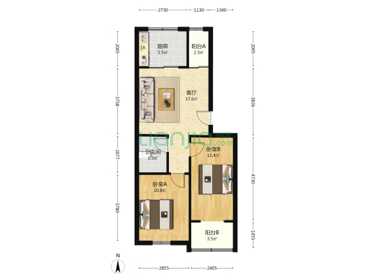 紫晨小区 2室1厅 南 北-户型图