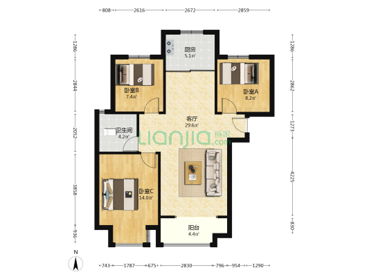 三居 中间层 房本满二 精装修 保利物业 集中供暖小区-户型图