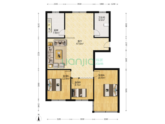 珠江路7号 3室1厅1卫 127平方