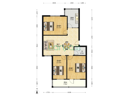 人行小区 3室1厅1卫 100平方